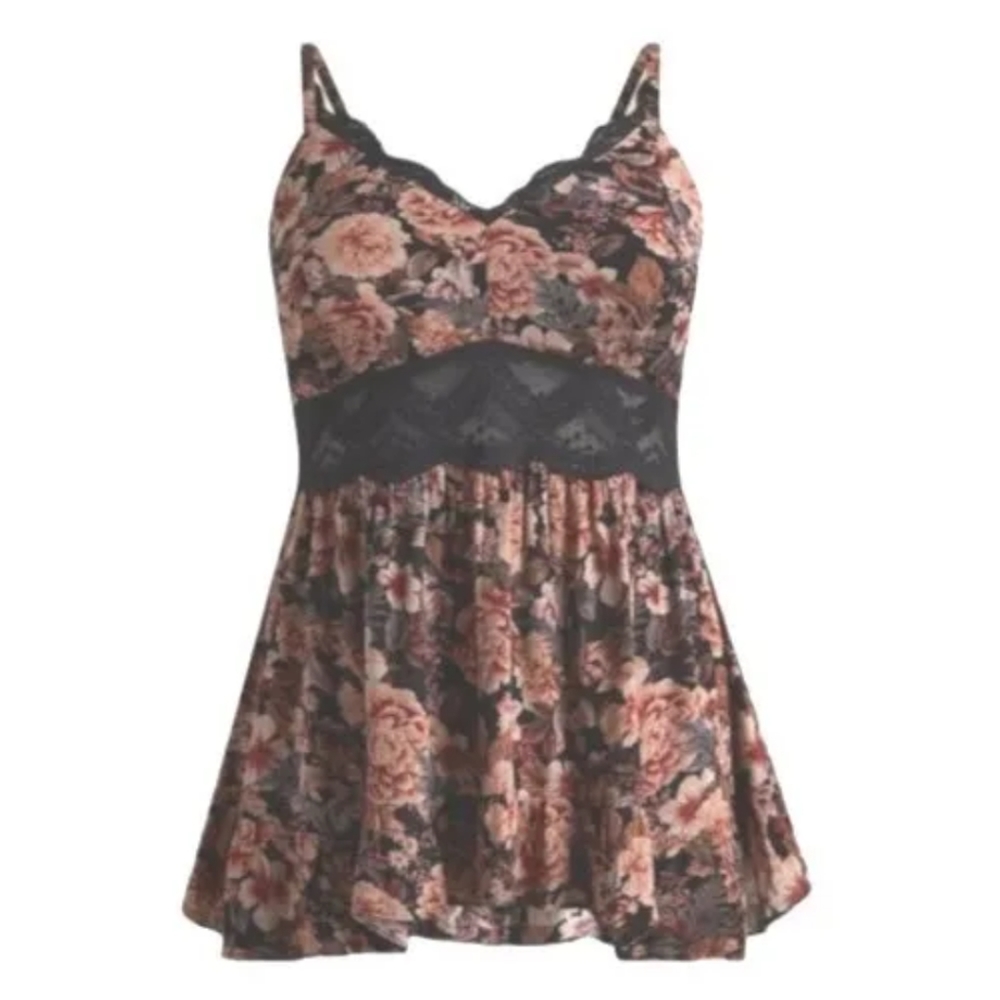 Y2k Belle Swan Guazy Lace Trim Babydoll Cami Top Black Floral Rayon  14/16W
